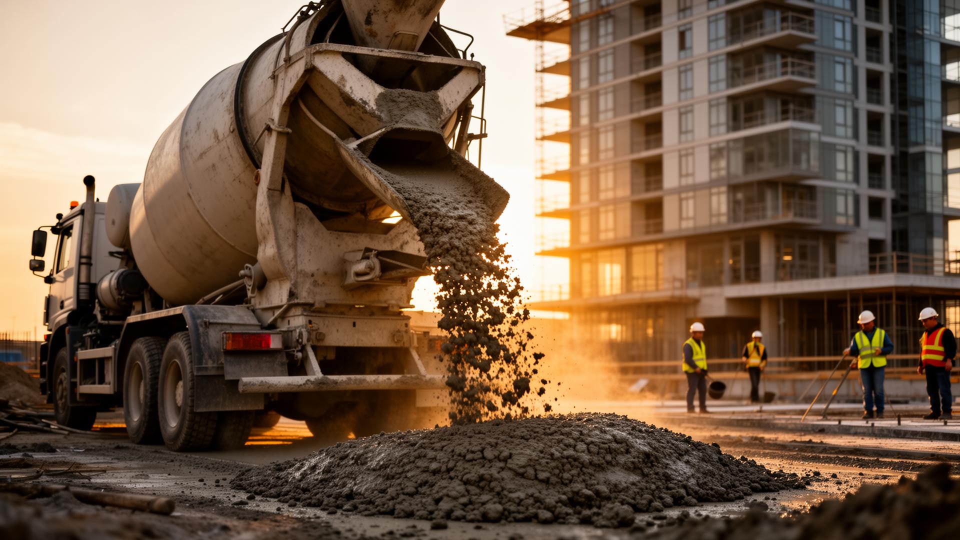 Caminhão betoneira despejando concreto em obra